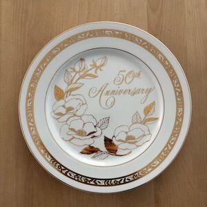 50th Anniversary Decorative Plate Gold Lettering & Trim.  Made In Japan.